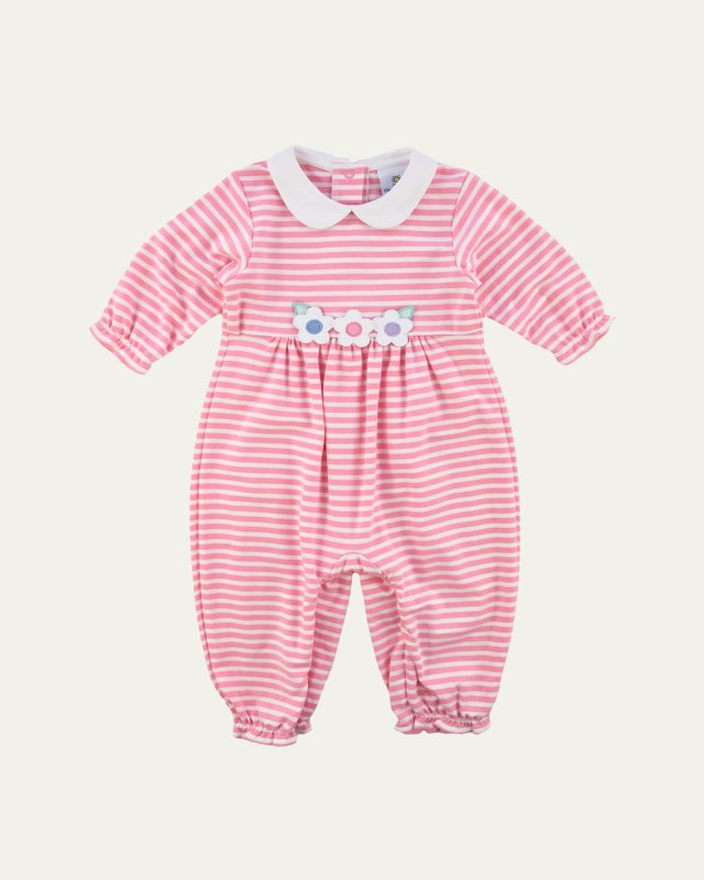 Girl's Striped Knit Coverall W/ Flower Applique, Size 3M-18